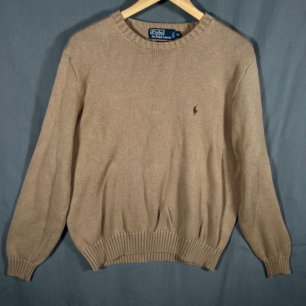 VTG Polo Ralph Lauren Sweater Mens XL Tan Knit Heavy Fisherman Preppy Pony Logo